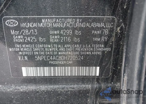 2013 Hyundai Sonata Se from USA, damaged, VIN 5NPEC4AC8DH720524